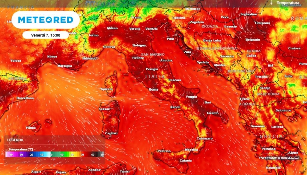 L'instabilità che favorirà locali temporali al Centro-Nord potrà anche far scendere le temperature al nord, sulle aree interessate da nuvolosità e precipitazioni. Al Centro-Sud, la situazione varierà di poco, con temperature ancora molto elevate. ECMWF MeteoRed.