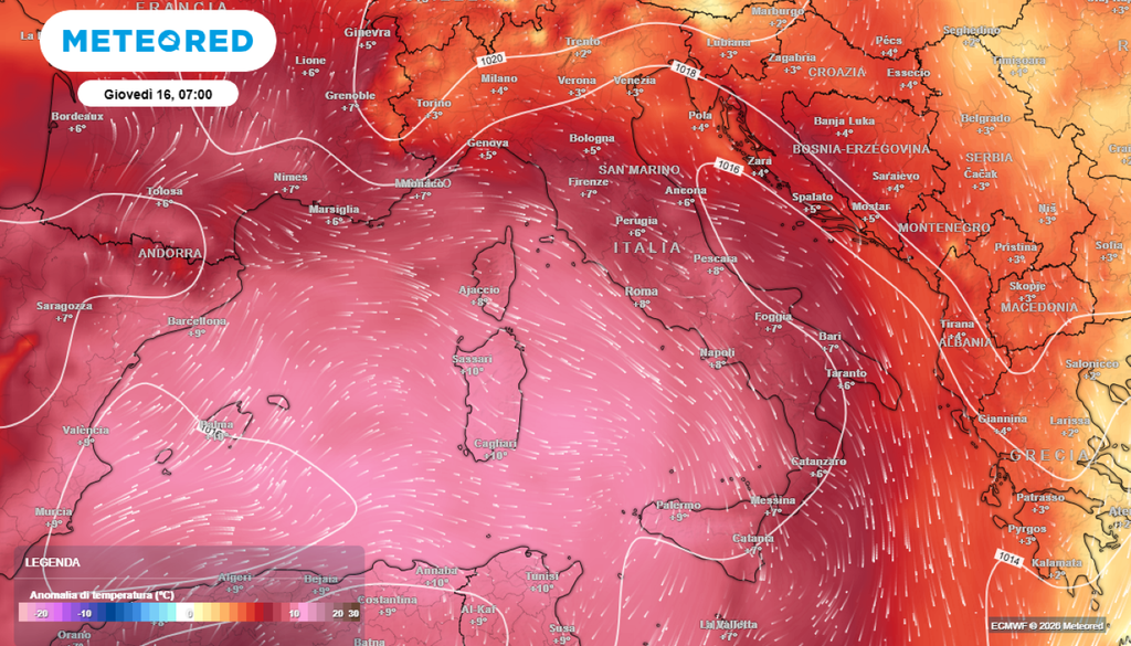 Ecco le anomalie di temperature in quota attese per il picco dell'ondata di calore.