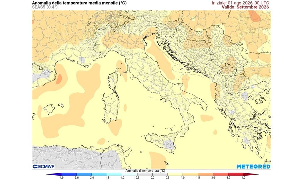 Secondo il modello ECMWF il mese di settembre vedrà anomalie di temperatura positive sull'Italia. Queste saranno più spiccate nell'area della Pianura Padana.