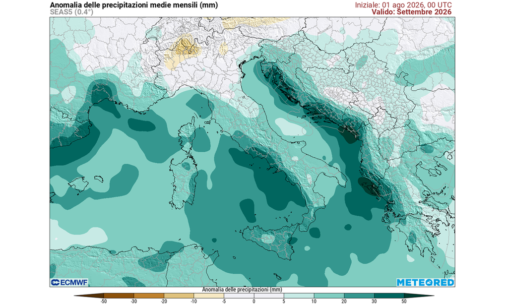 Anomalie di precipitazione a settembre sull'Italia secondo le tendenze ECMWF. Le ondate di maltempo tardo estive potrebbero portare accumuli superiori alla media in certe aree del centro-sud.