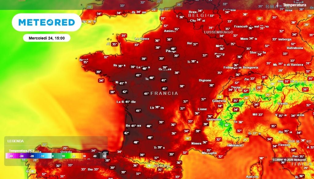 La temperatura in Francia osservata oggi, mercoledì 24 giugno, alle ore 15. I valori restano molto elevati è decisamente sopra le medie del periodo. ECMWF Meteored