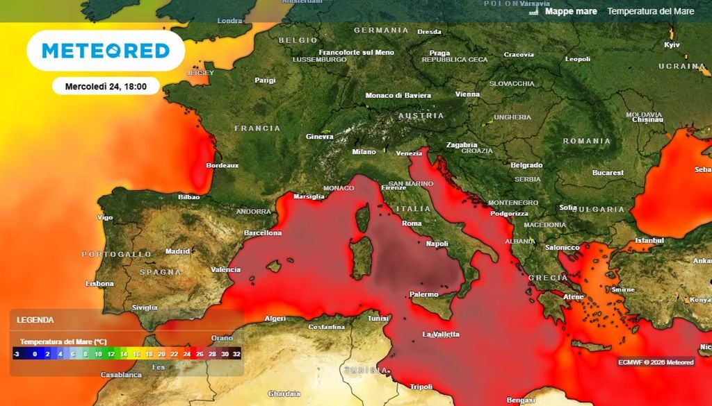 Mappa della temperatura superficiale del Mediterraneo occidentale oggi 24 giugno 2026. ECMWF Meteored