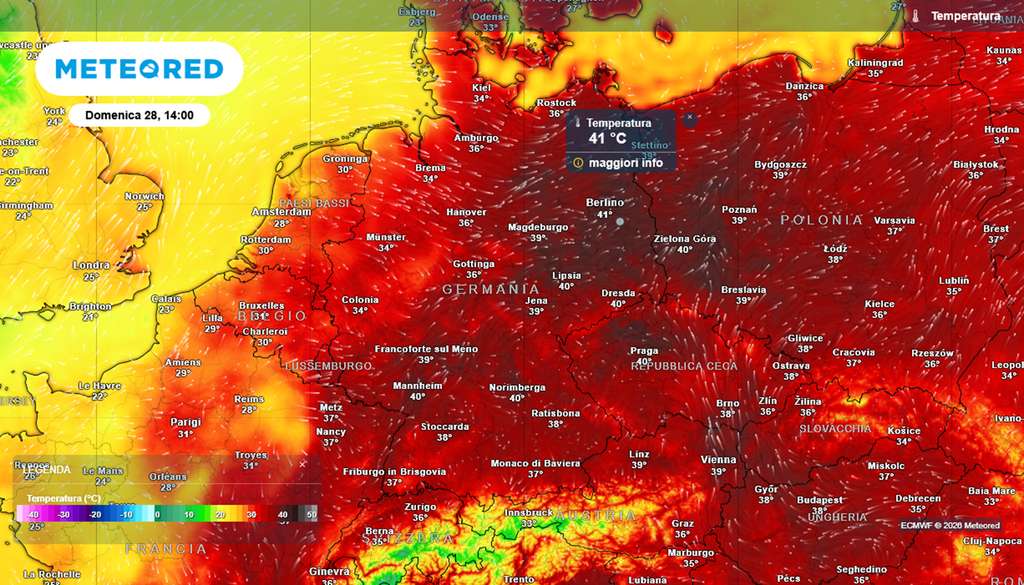 caldo germania Domenica 28 giugno 2026 potrebbe essere un giorno letteralmente infernale per il caldo nella Germania orientale e Polonia.