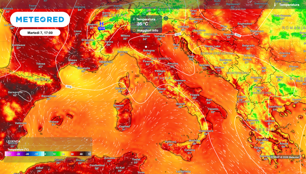 A inizio settimana temperature in aumento, su Spagna e sud della Francia torna l'anticiclone africano e sfiora il nord, martedì al nord le massime arriveranno a 35-36°C.