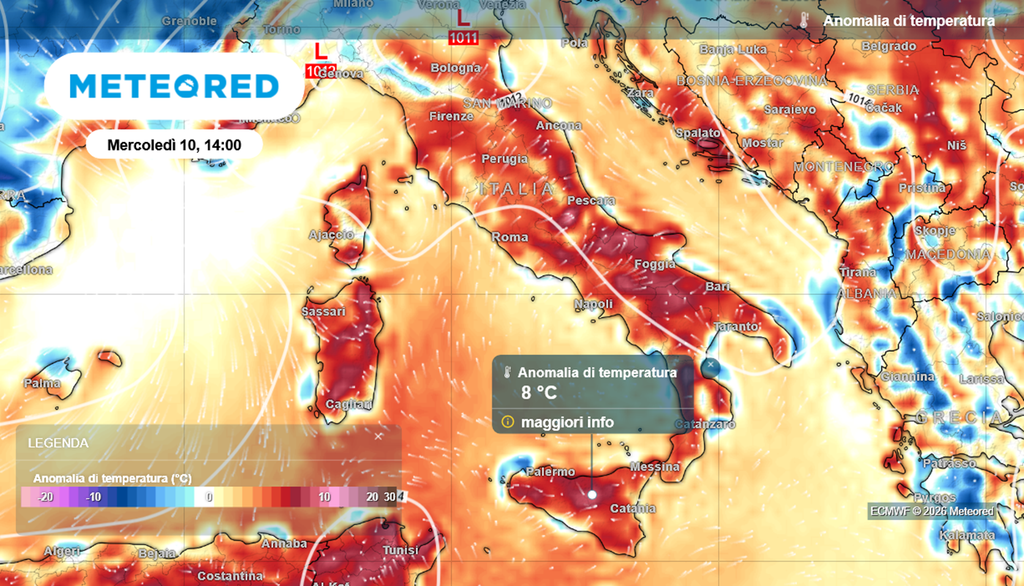 Anomalie di temperatura previste mercoledì sull'Italia.