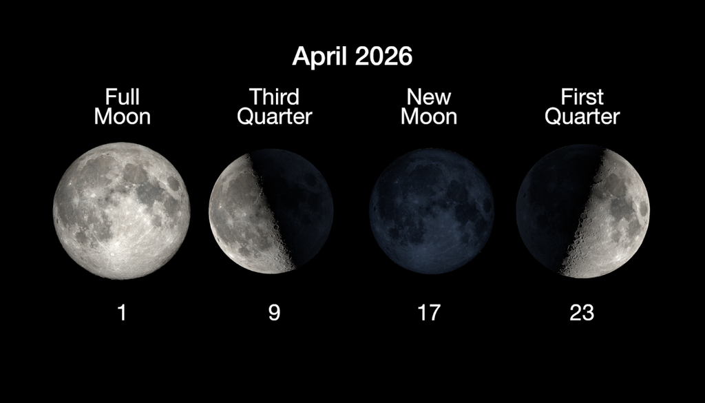 Fases de la Luna para el mes de abril de 2026. Inicia el mes con Luna llena conocida como Luna Rosa.