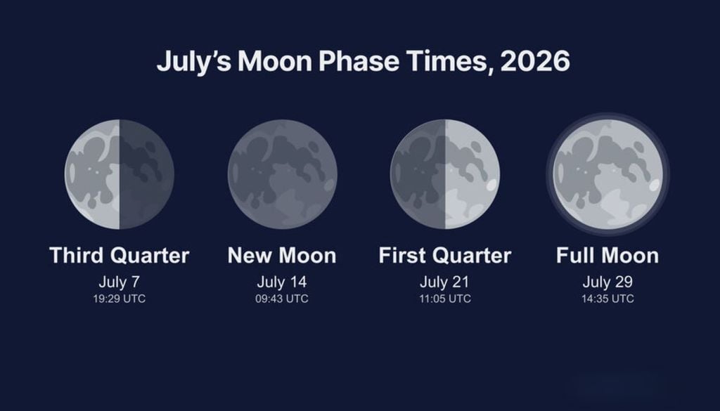 Fechas y horas de las principales fases lunares en julio de 2026 que culminan con la Luna de venado.