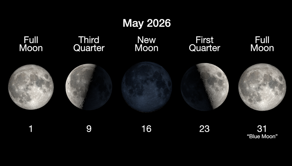 Fases lunares de mayo. Este mes, además de la Luna de Flores, ocurrirá la Luna Azul, la segunda luna llena en un mismo mes calendario. Crédito: NASA.