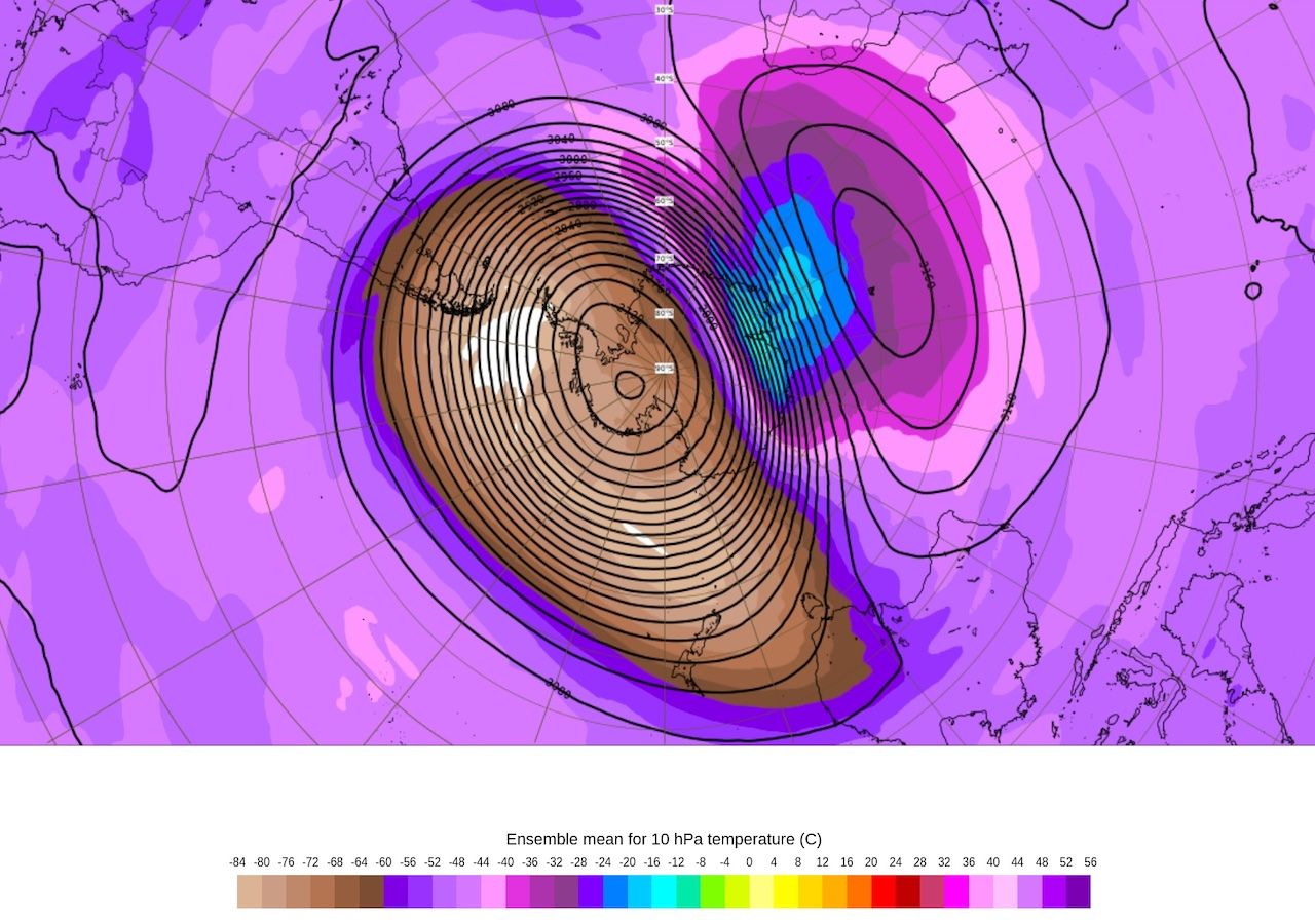La carta muestra el ensamble medio de temperatura y geopotencial en 10 hPa. La mancha azul evidencia un calentamiento estratosférico sobre la Antártica. Fuente: ECMWF