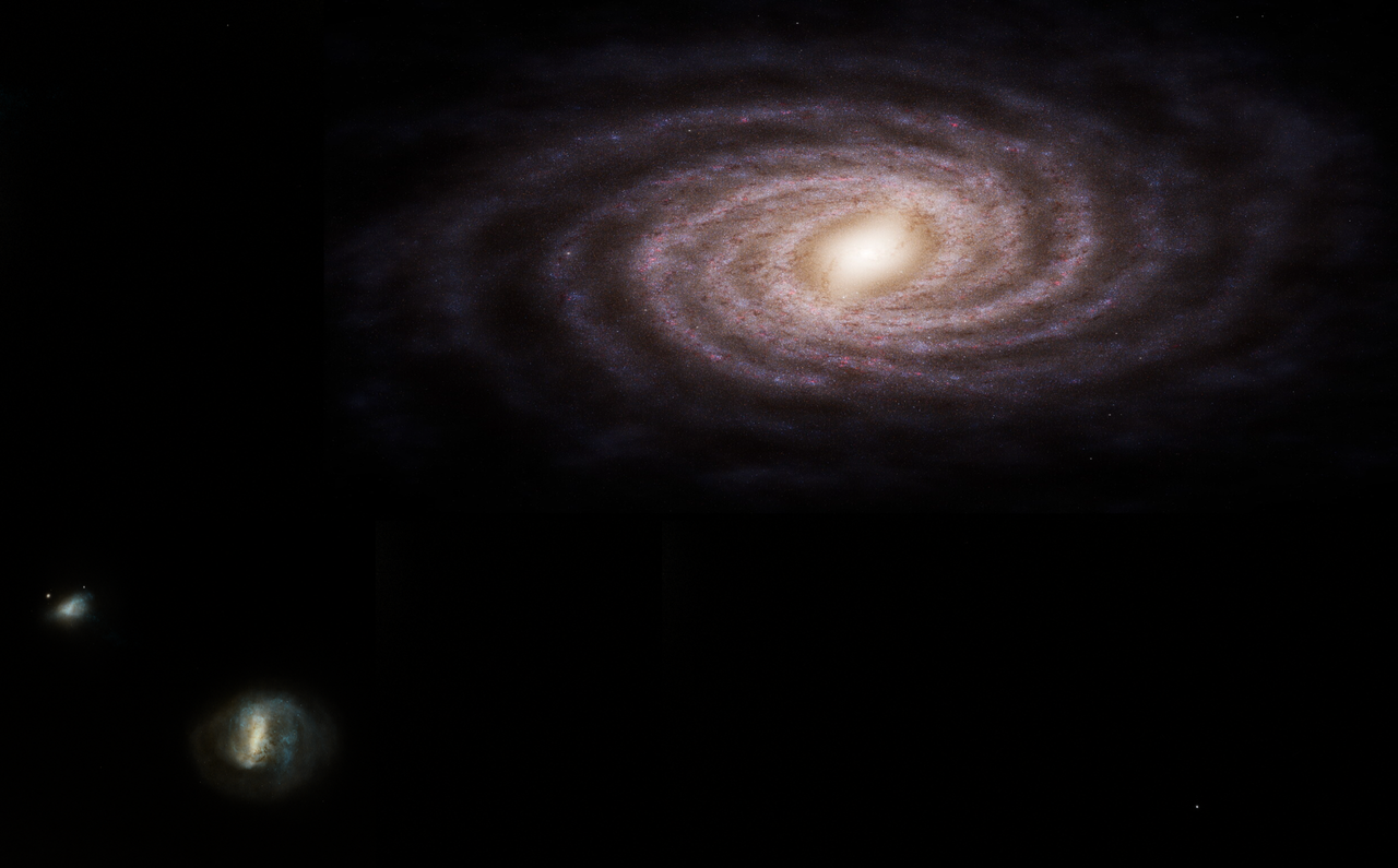 Representación artística de la Vía Láctea, con dos de sus galaxias satélite —la Gran Nube de Magallanes y la Pequeña Nube de Magallanes— en la parte inferior izquierda. Crédito ESA/Gaia/DPAC, S. Payne-Wardenaar, L. McCallum et al (2025), Kevinmloch, F. Fraternali.