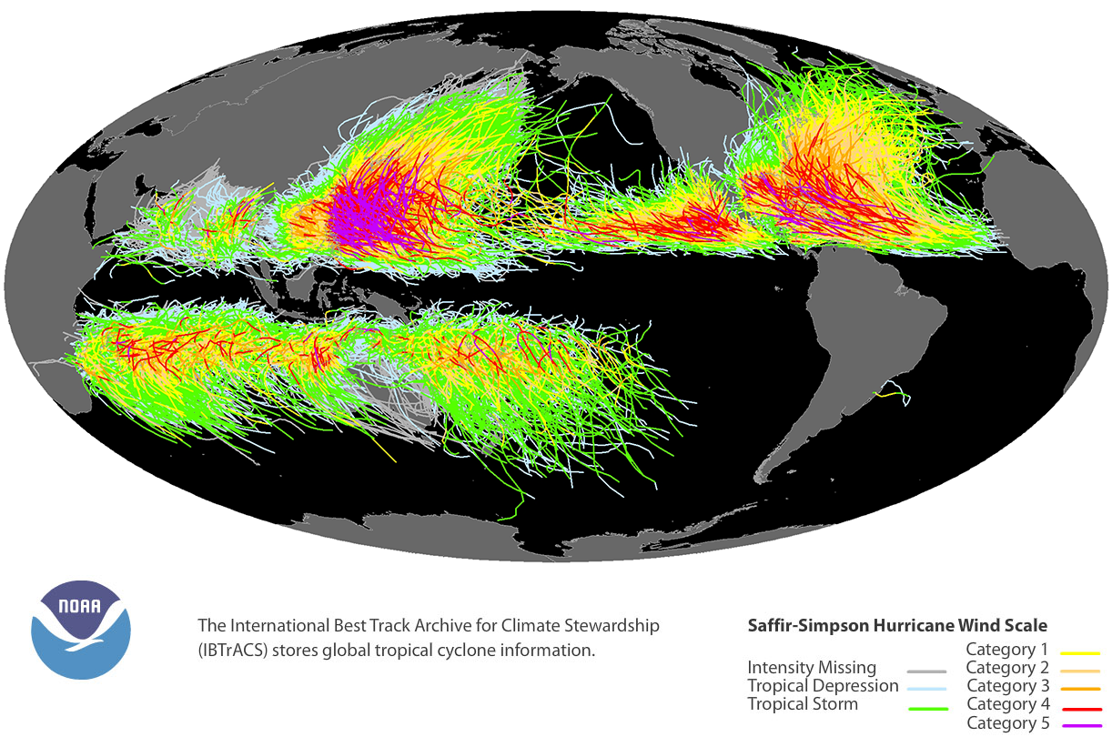 Trayectorias a escala global de los ciclones tropicales nombrados y coloreadas según su categoría en la escala de vientos Saffir-Simpson. NOAA