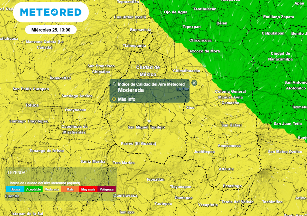 En las tardes dominará el índice de calidad del aire moderado, las personas más sensibles a la contaminación deben limitar las actividades al aire libre.