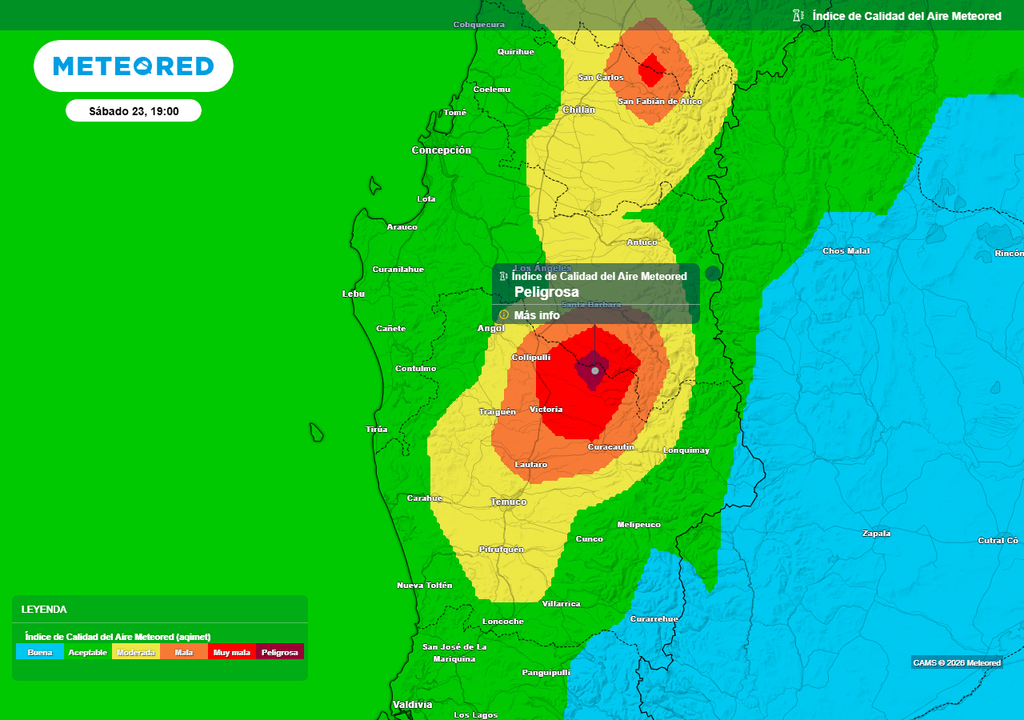 Calidad del aire "peligrosa" en Chile centro-sur, pronóstico fin de semana, Meteored Índice de Calidad del Aire (ICA) para la tarde del sábado (22) en Chile centro-sur.