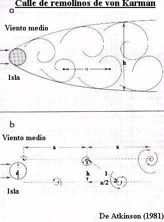 Esquemas de la geometría de vórtices, generados por un obstáculo de diámetro “d”. Figura tomada de Atkinson (1981)