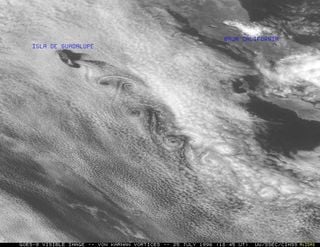 Calle de remolinos o vórtices de von Karman: fenómenos atmosféricos nubosos a sotavento de Islas (I - a)
