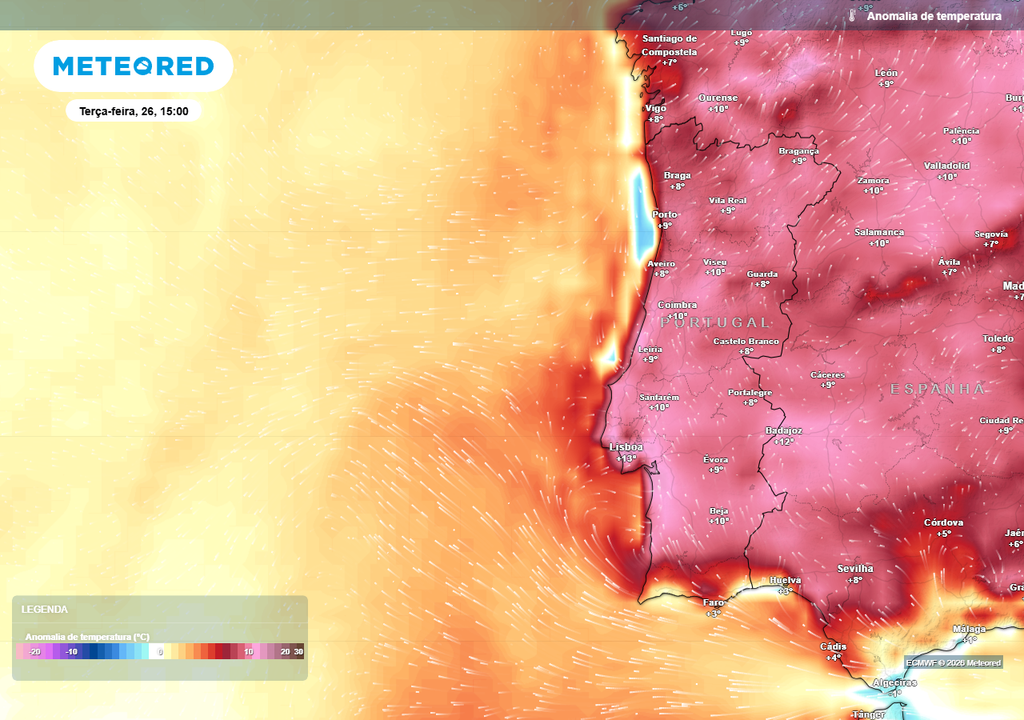 Lisboa, capital de Portugal continental, destaca-se claramente face às restantes capitais de distrito da nossa geografia na terça-feira, 26 de maio, estando prevista uma anomalia térmica positiva de até +13 ºC.