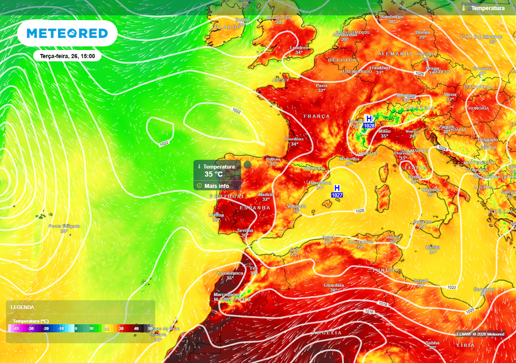 Crista subtropical extensa e robusta resultará numa "cúpula de calor" sobre boa parte da Europa Ocidental e Central. Lisboa destaca-se na terça-feira, 26 de maio, por estarem previstos 35 ºC de temperatura máxima.
