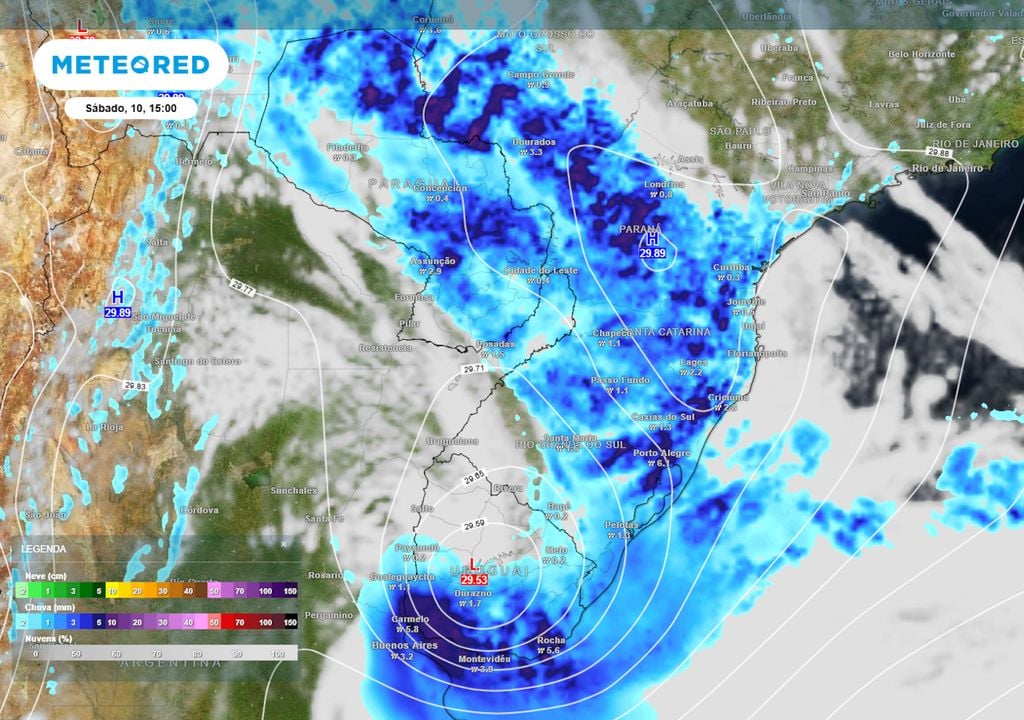 Previsão de pressão, nebulosidade e chuva no sábado durante a tarde. Previsão de pressão, nebulosidade e chuva no sábado durante a tarde.