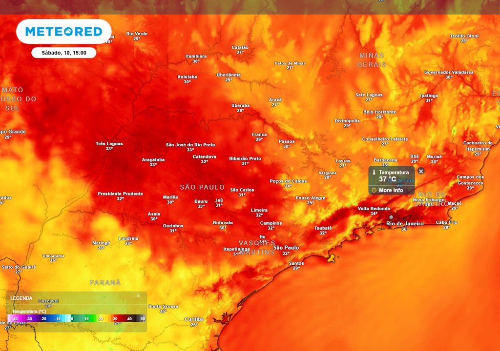 Previsão de temperaturas máximas no sábado durante a tarde. Previsão de temperaturas máximas no sábado durante a tarde.