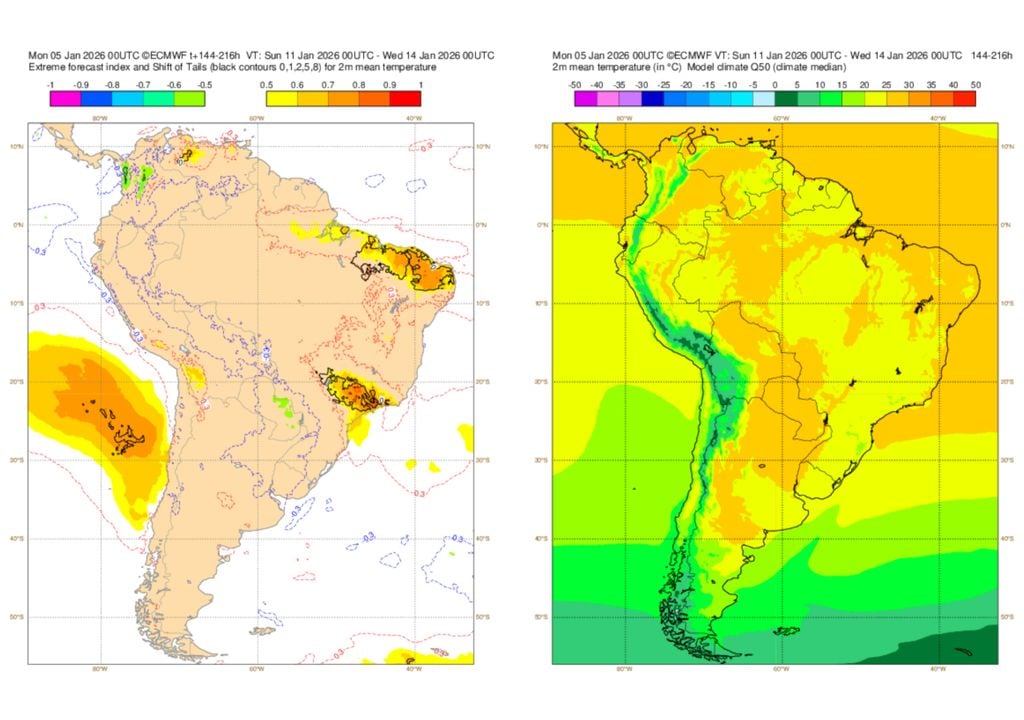 Previsão de Extreme Forecast Index (EFI) do modelo ECMWF entre os dias 11 e 14 de Janeiro. Previsão de Extreme Forecast Index (EFI) do modelo ECMWF entre os dias 11 e 14 de Janeiro.