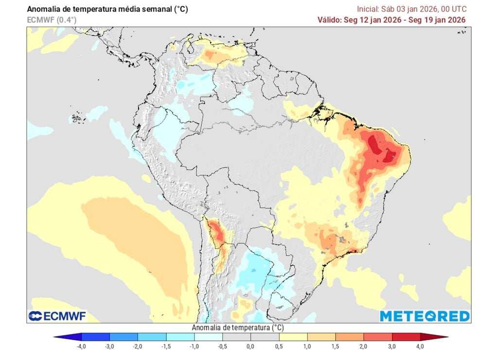 Previsão de anomalias de temperatura entre os dias 12 e 19 de Janeiro. Previsão de anomalias de temperatura entre os dias 12 e 19 de Janeiro.