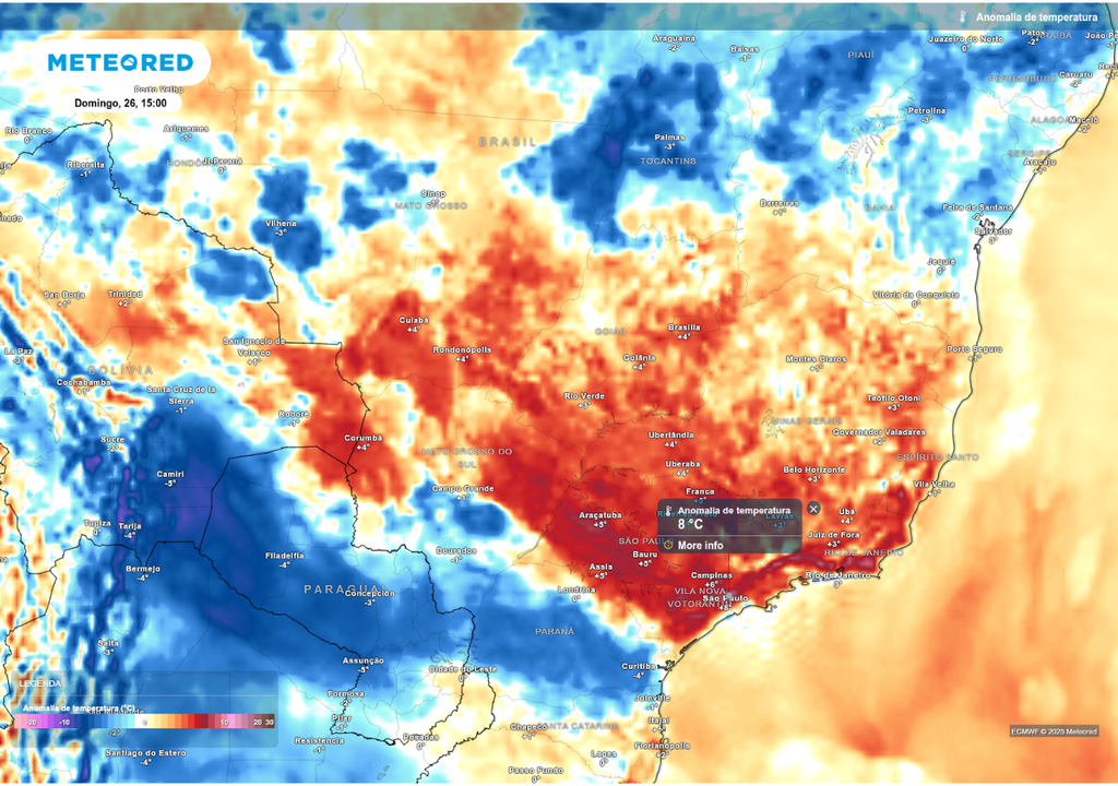 Previsão de anomalia de temperatura no domingo (26), de acordo com o ECMWF.