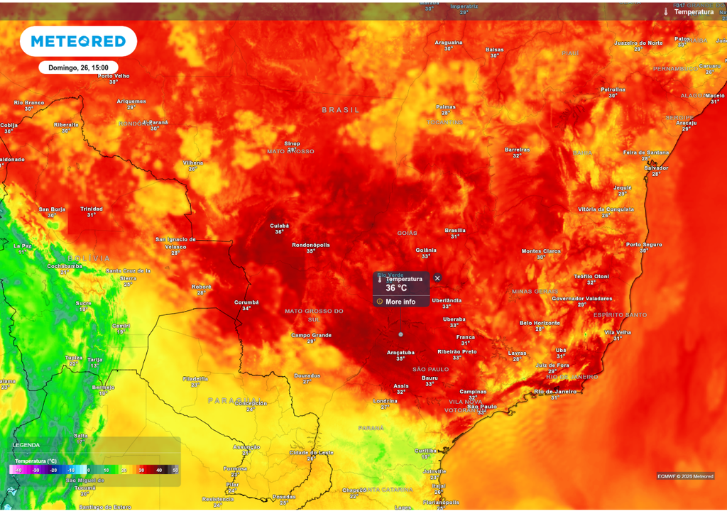 Previsão de temperatura no domingo (26), de acordo com o ECMWF.