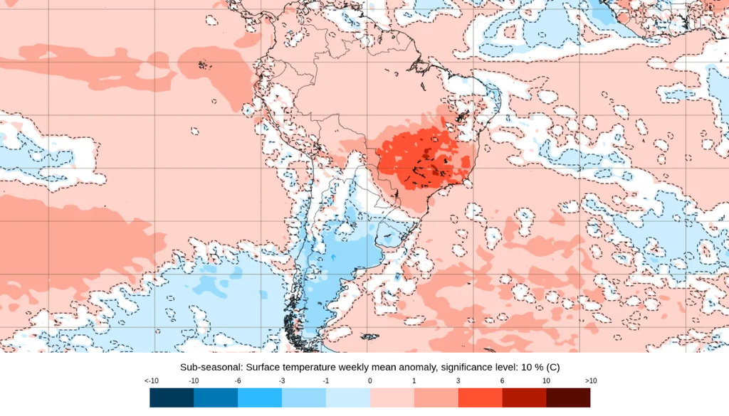 Previsão de anomalia semanal de temperatura do ar (°C) entre 27 de abril e 4 de maio, de acordo com o ECMWF. Créditos: ECMWF.