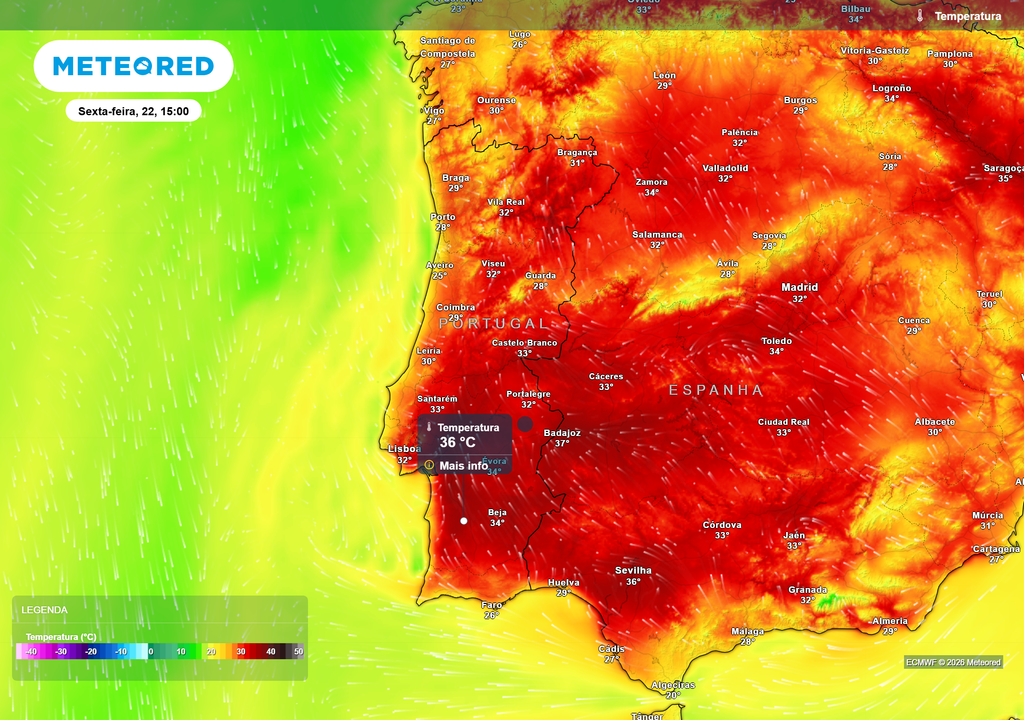 Sexta-feira com calor muito intenso: temperaturas acima dos 30 ºC em quase todo o país e picos próximos dos 36 ºC no interior Norte e Sul.