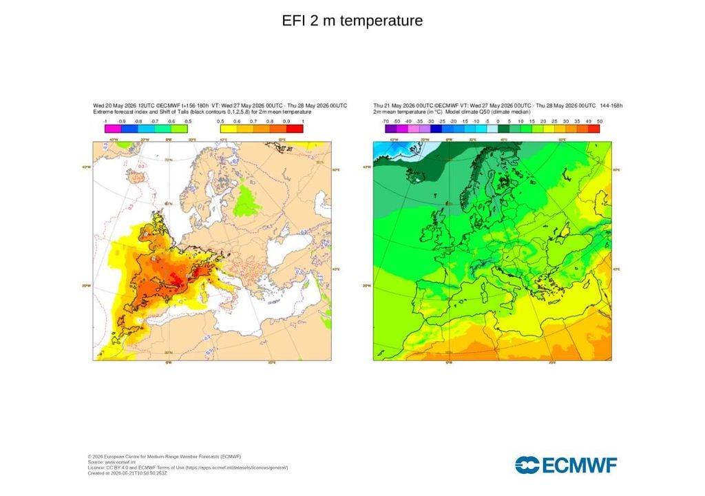 EFI 2 m temperature Mapa EFI indica calor extremo em Portugal, com valores acima de 0.8, raros para a época e persistentes ao longo de vários dias.