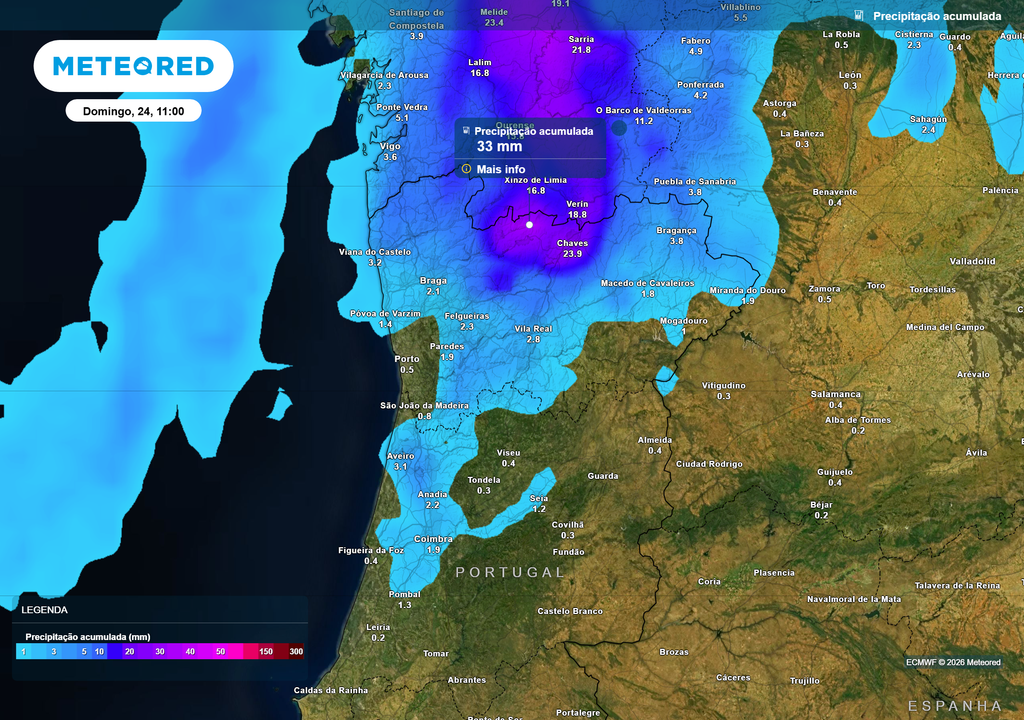 Precipitação acumulada até domingo com destaque para áreas montanhosas como Montalegre.