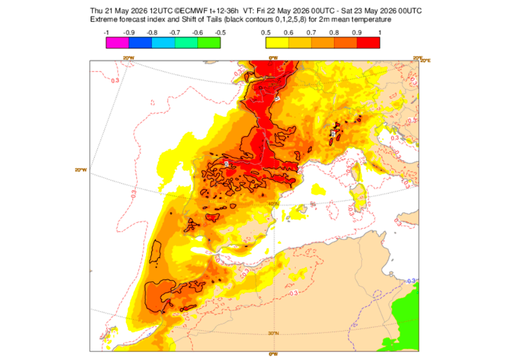 Los valores del EFI (izquierda) de temperatura prevista a principios de la próxima semana son muy significativos en todo el suroeste de Europa.