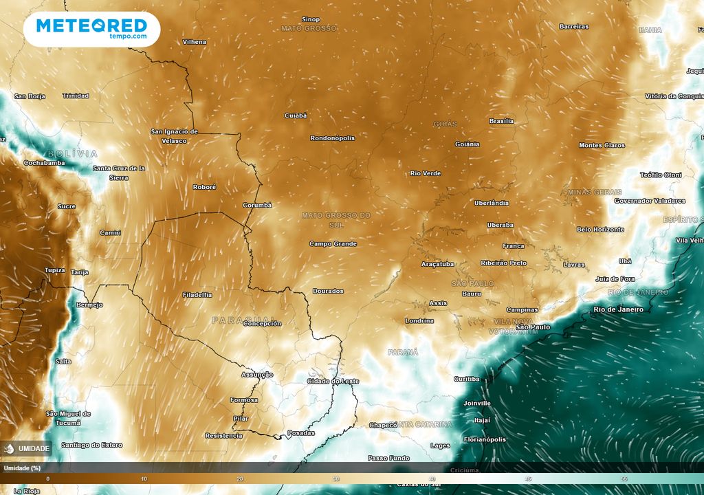 Mapa de umidade relativa mínima para o sábado (5) durante a tarde.