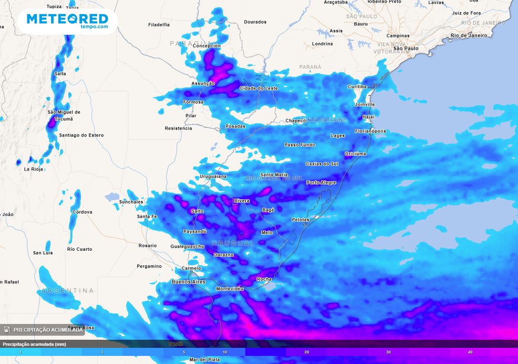 Mapa de acumulados totais de chuva para segunda-feira (7).