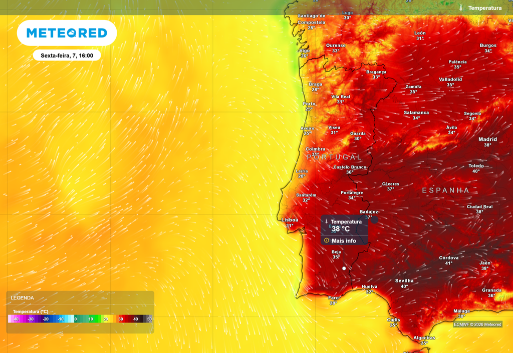 Entre quinta e sexta-feira, dias 6 e 7 de agosto, prevê-se a possibilidade de algumas localidades beirãs, alentejanas ou algarvias registarem uma temperatura máxima de 38 ou 39 ºC.