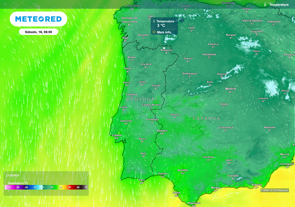 Temperatura As madrugadas de sábado e domingo deverão ser especialmente frias no Nordeste e em zonas montanhosas, com mínimas de 3 a 4 ºC e possibilidade de valores negativos na Serra da Estrela.