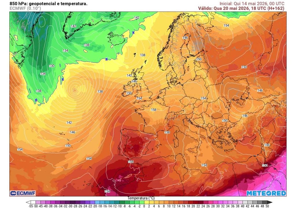 Geopotencial e temperatura Na quarta-feira, 20 de maio, uma dorsal africana começa a impulsionar ar quente para Portugal e para latitudes mais altas da Europa, marcando a viragem para um padrão mais quente.