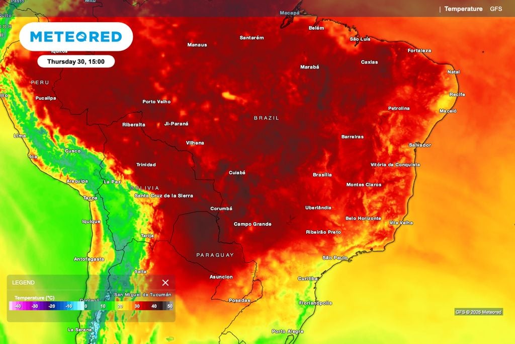 Calor intenso se espalha pelo Centro-Norte, com temperaturas próximas de 40°C entre Mato Grosso, Tocantins, Goiás, Pará e o interior do Nordeste.