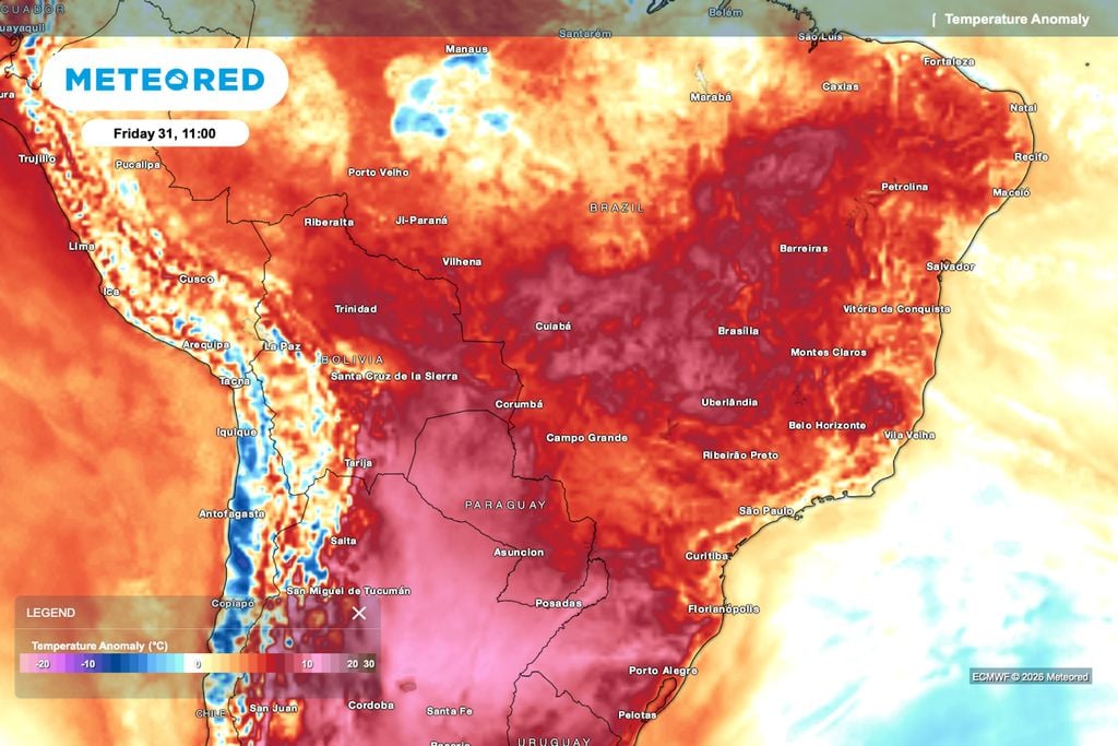 Temperaturas muito acima da média predominam no Centro-Norte, com maior anomalia entre Mato Grosso, Goiás, Tocantins e o interior do Nordeste.