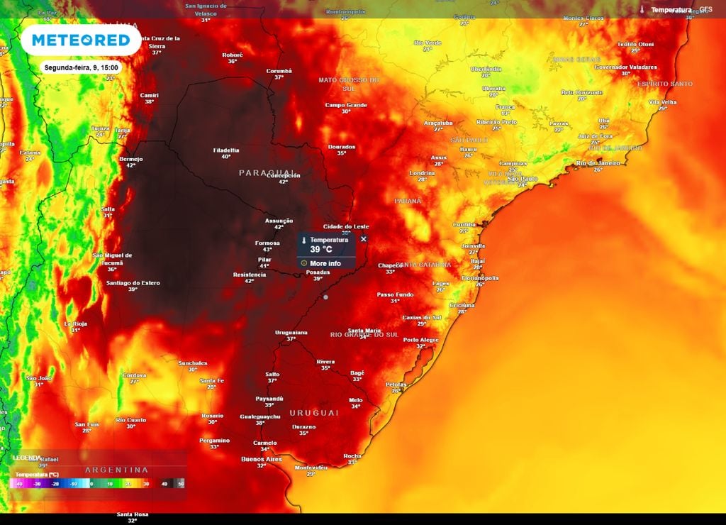 Temperaturas máximas para a segunda-feira, 9 de fevereiro.