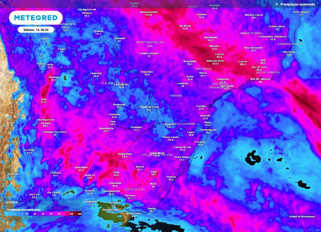 Acumulado de chuvas até a sexta-feira, 13 de fevereiro.