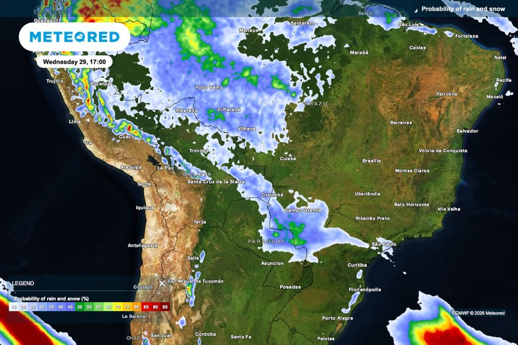 A chuva avança pelo sul de Mato Grosso do Sul na quarta-feira, com pancadas isoladas também no noroeste de Mato Grosso.