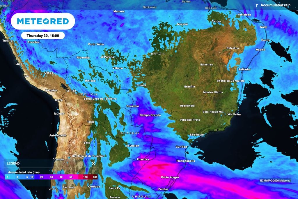 Chuva acumulada se concentra no sul de Mato Grosso do Sul até quinta-feira, enquanto grande parte do Centro-Oeste permanece seca.
