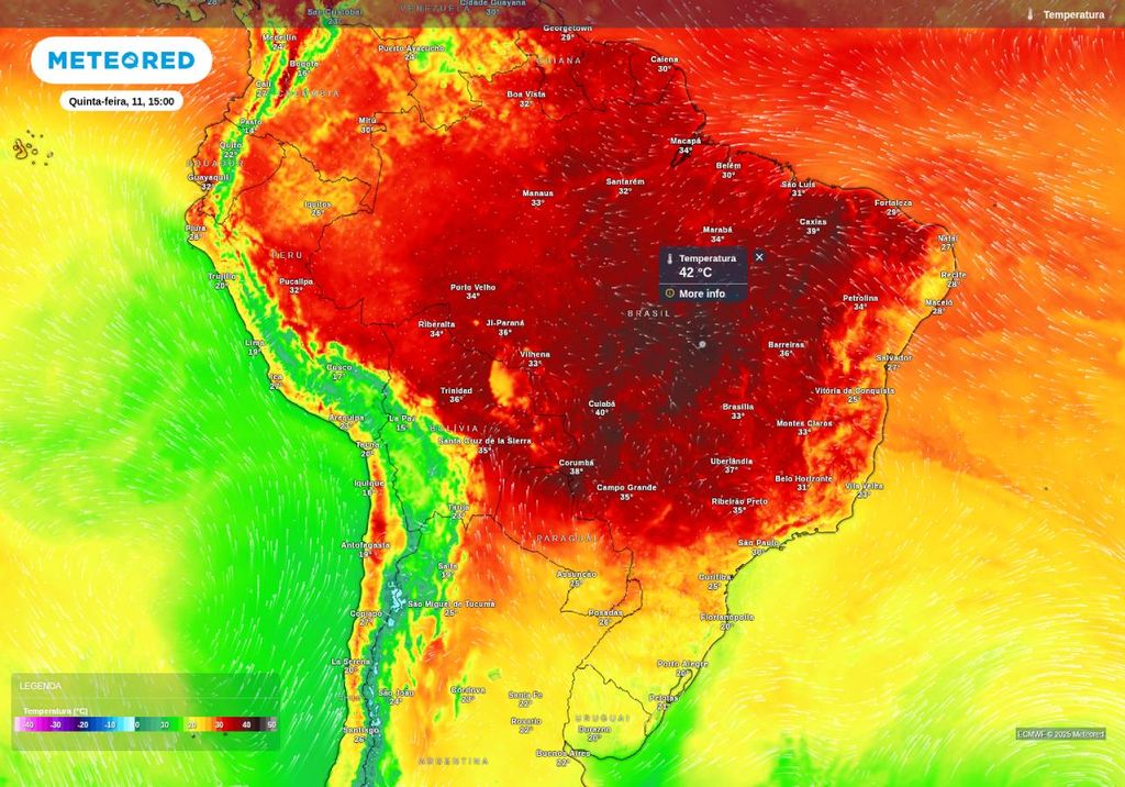 Previsão de temperatura máxima nesta quinta-feira (11), de acordo com o ECMWF.