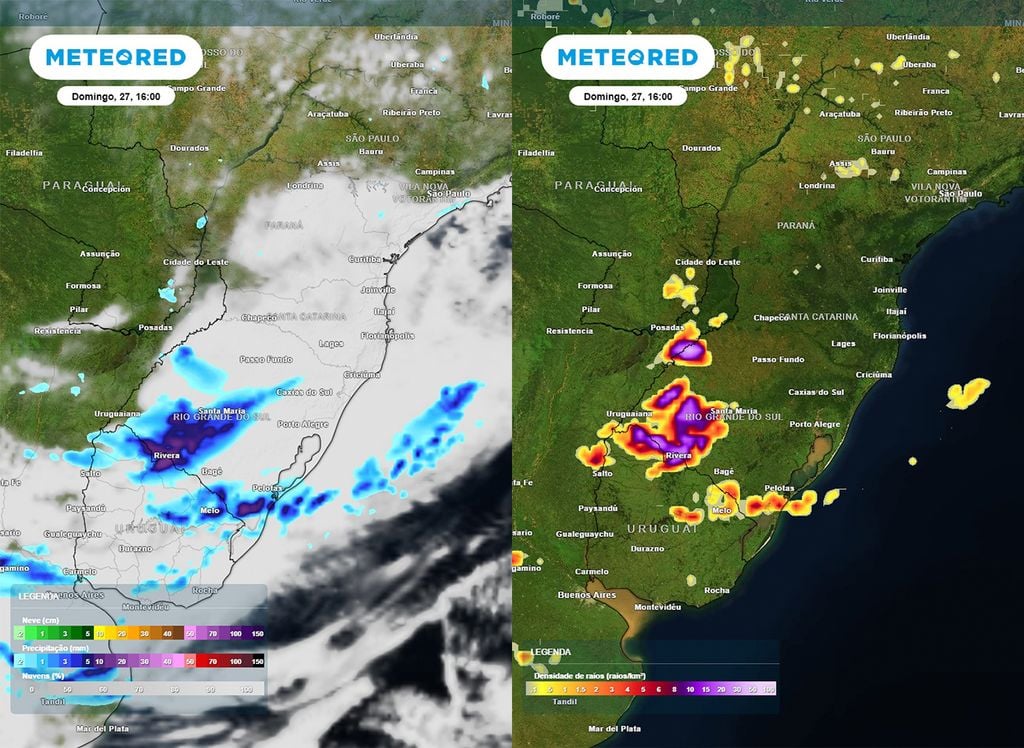 Previsão de precipitação e densidade de raios mostrando áreas com maiores chances de temporais neste domingo (27).