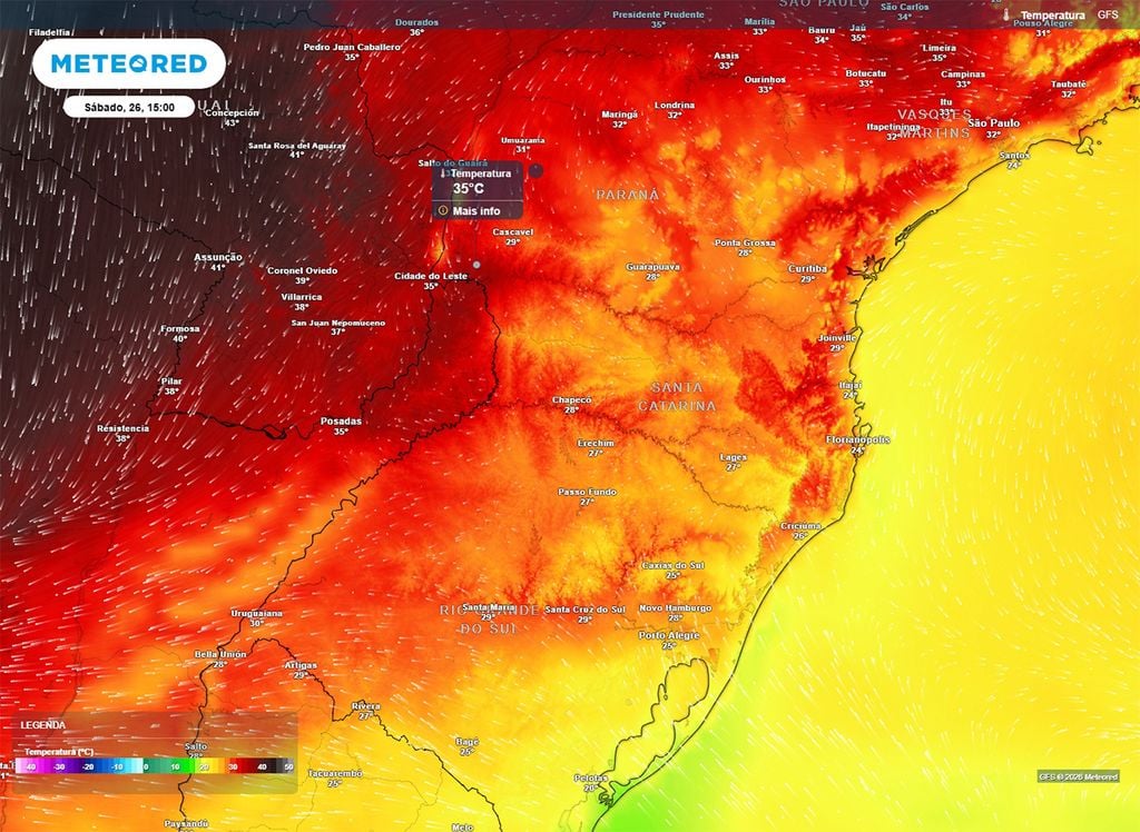 Temperatura máxima prevista para o Sul do Brasil neste sábado (26).
