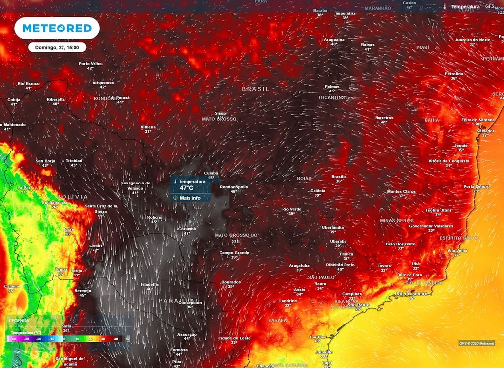 O sábado (26) terá temperaturas na casa dos 45°C, mas a previsão de domingo (27) indica que os termômetros podem marcar os 47°C no MS e MT.