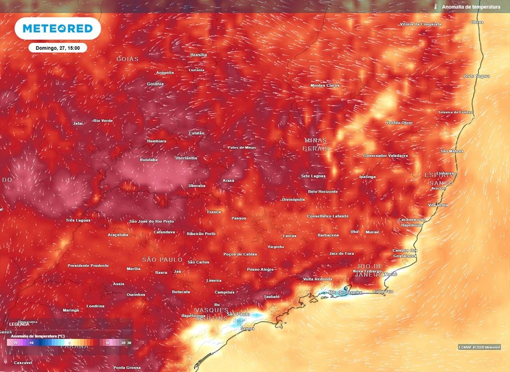 Anomalia de temperatura mostra temperaturas superiores aos 5°C acima da média climatológica.