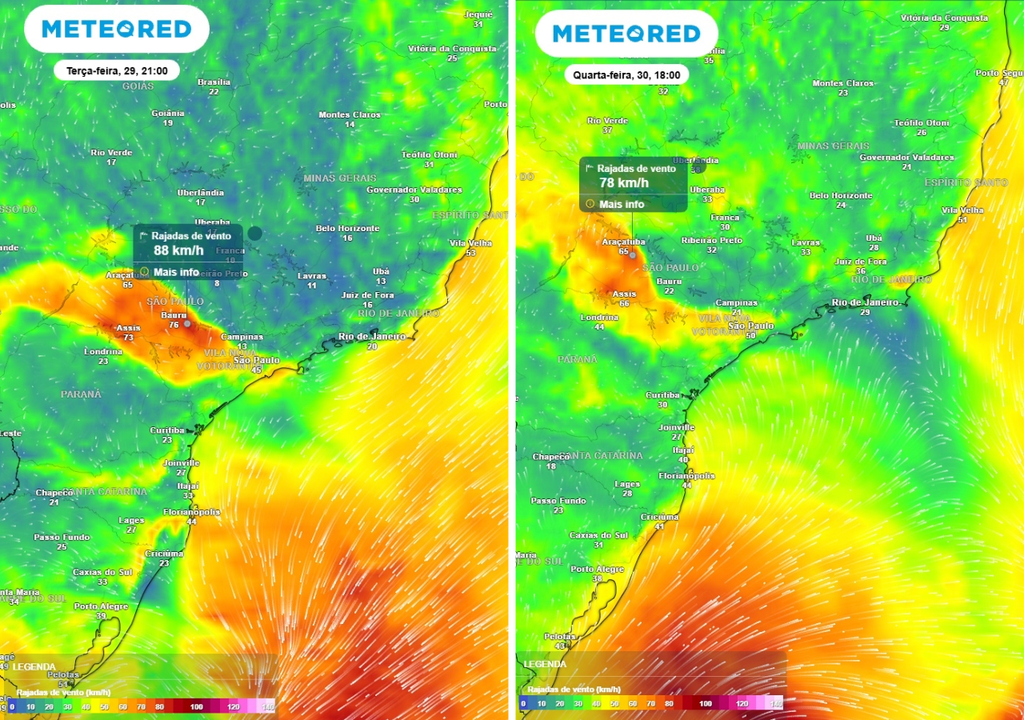 Previsão de rajadas de vento (km/h) para a terça-feira (29) às 21h à esquerda e para quarta-feira (30) às 18h à direita, segundo o modelo europeu ECMWF.