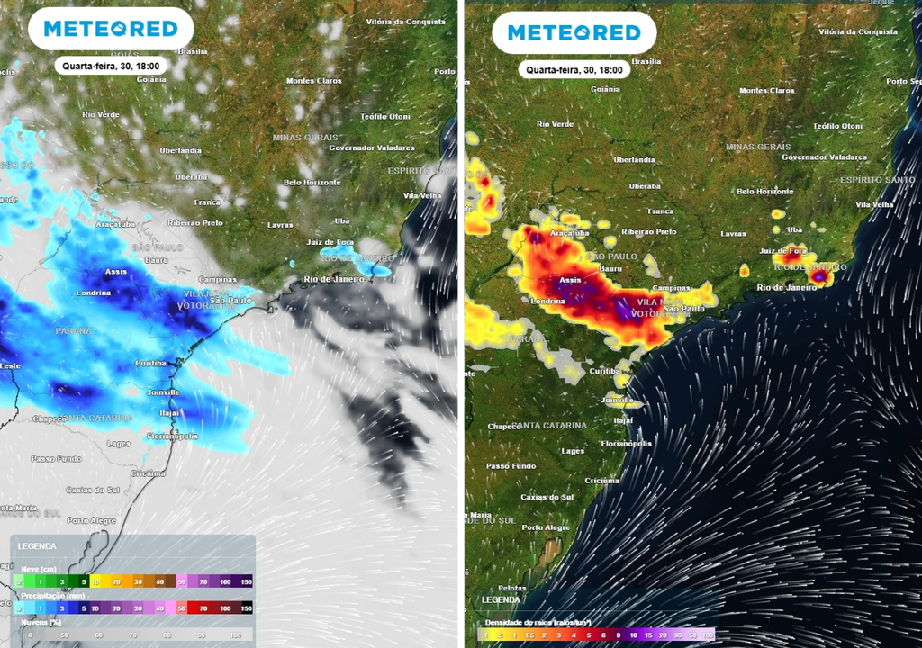 Previsões de chuva (mm) à esquerda e de densidade de raios à direita ambas para a quarta-feira (30) às 18h, segundo o modelo europeu ECMWF.